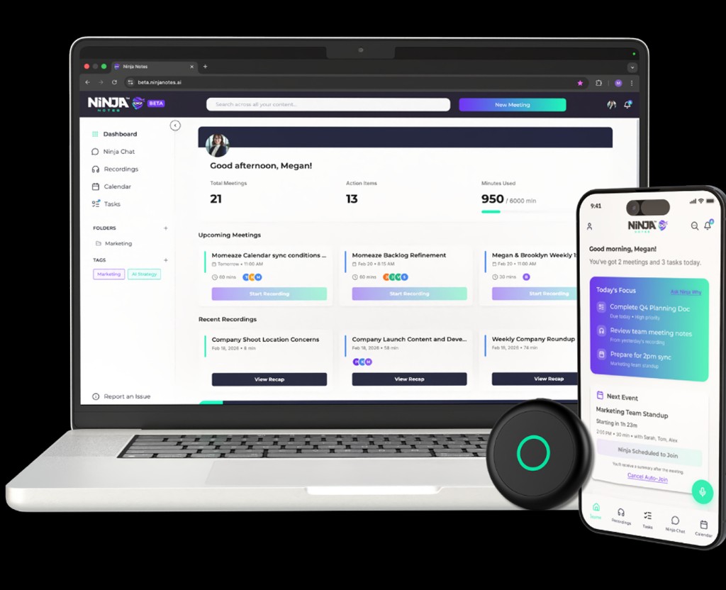 Ninja Notes unified platform showing virtual and in-person meetings